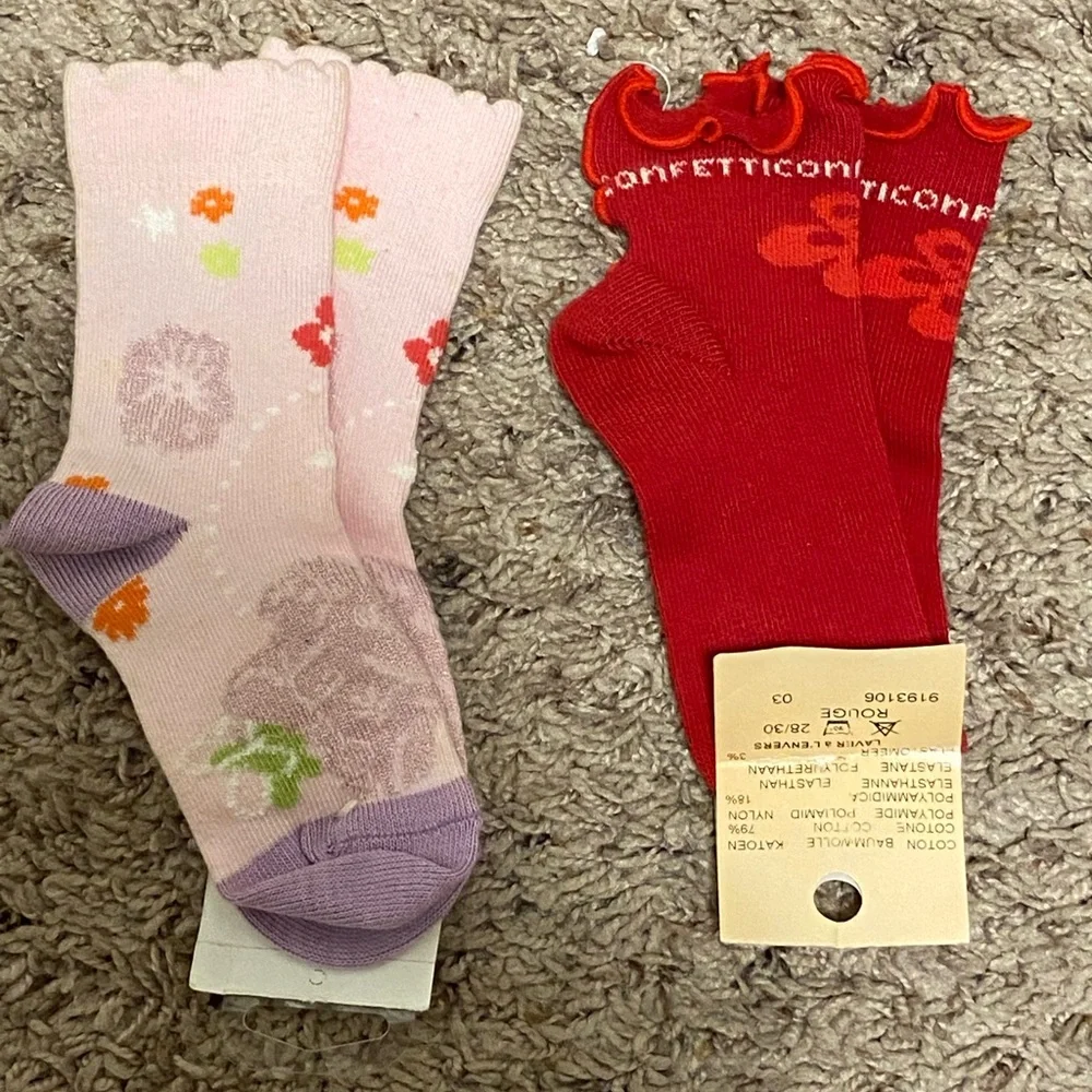 Set of‎ Two Toddler 7-8 Pink and Red Patterned Socks Confetti Catimini NEW